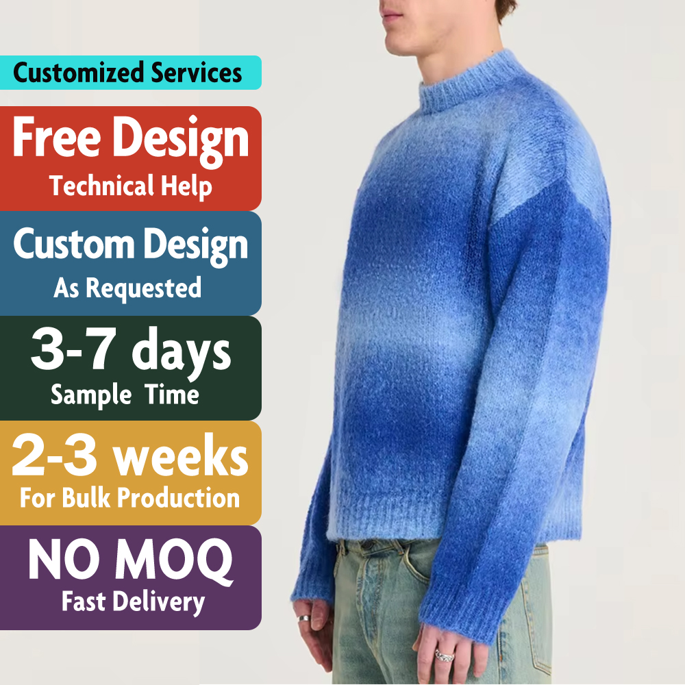 Custom LOGO Mohair Sweater Men Long Sleeve Crew Neck Pullover Stripe Knitwear Winter Fuzzy Casual Jumper Mohair Knitted Sweater