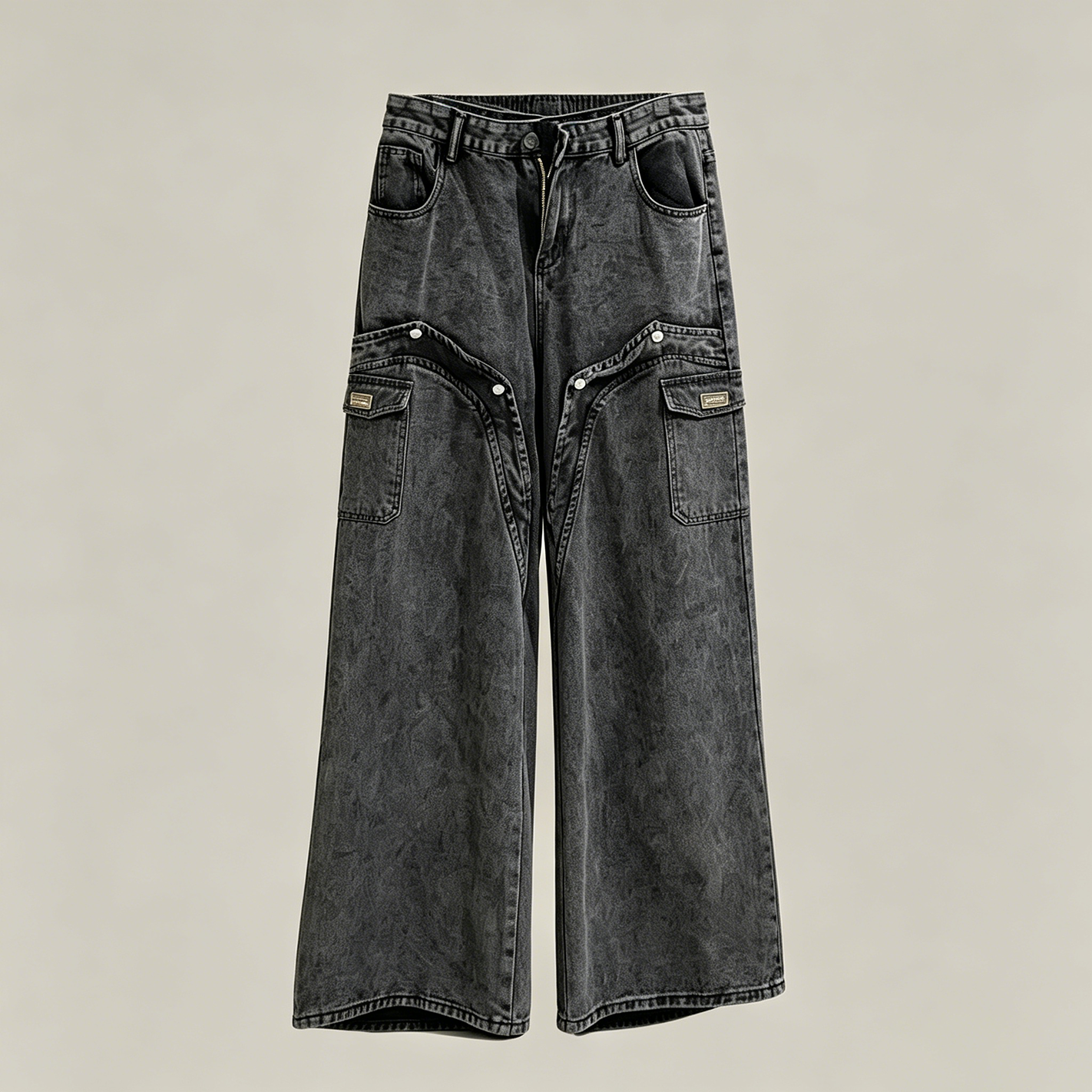 Black Vintage Washed Cargo Jeans With Large Side Pockets And Wide Leg Cut Streetwear Denim Trousers For Men Bulk Supply