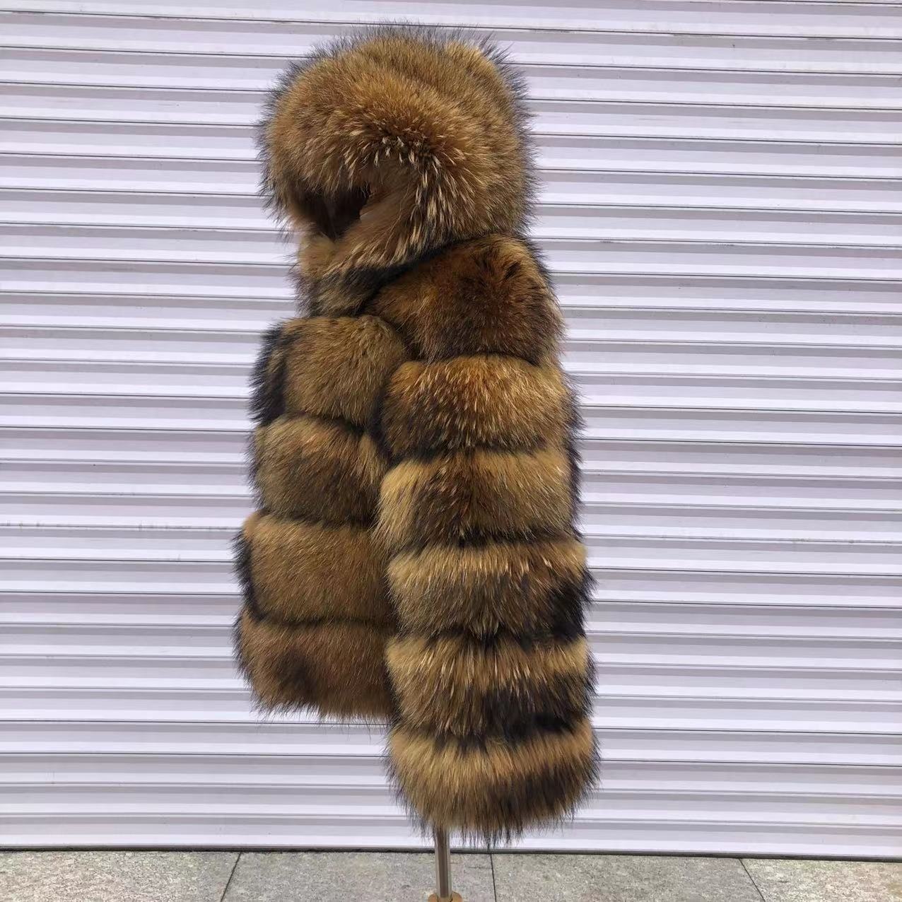2022 Women's Fashion Outerwear Waterproof Realfox Raccoon Fur Coat With Long Sleeves and Hood Zipper Closure