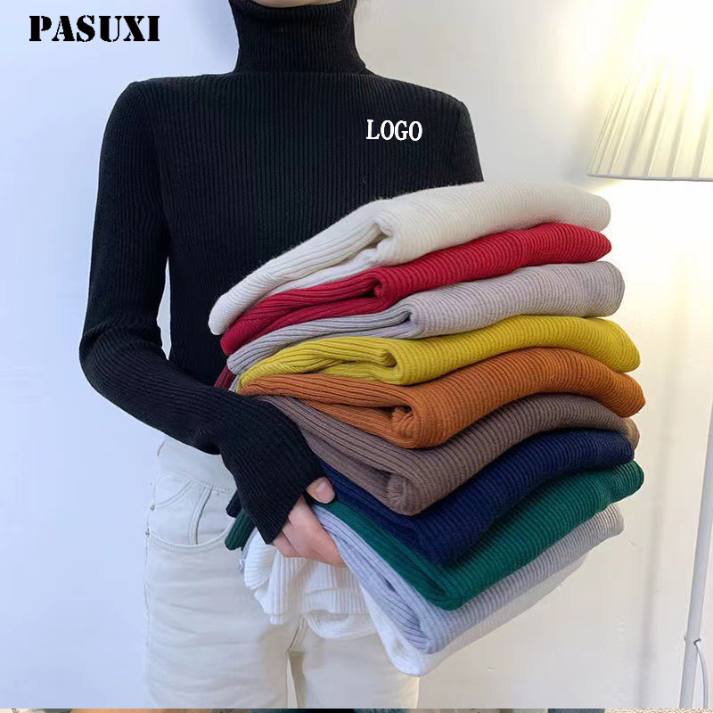 PASUXI Women Autumn Long Sleeve Slim Sweater Top Elastic Pullover Primer Shirt Solid Causal Turtleneck Knitted Women Sweater