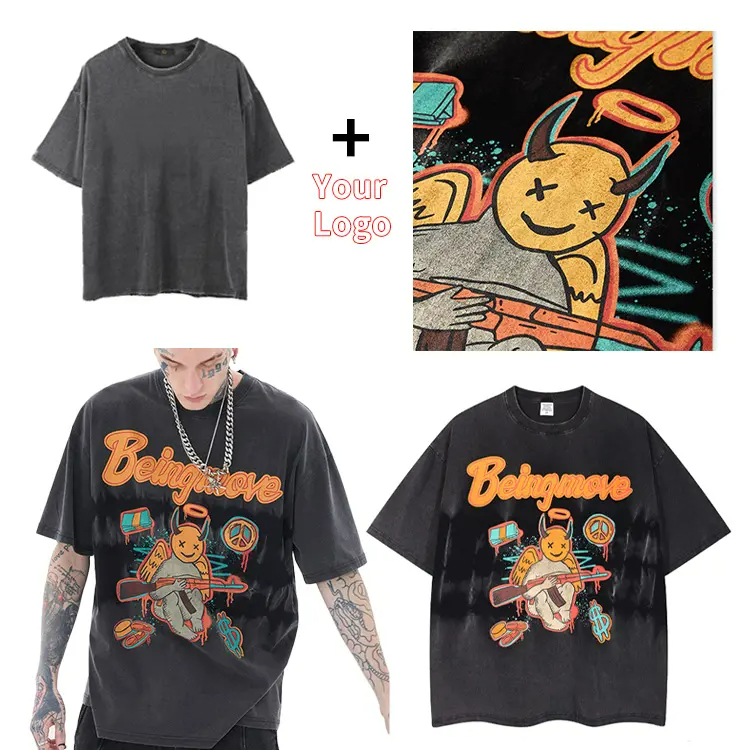 Acid Wash Long Knitted T-Shirt 250GSM 100% Cotton High Quality Men Oversized Vintage Retro Streetwear Casual Blank Custom DTG