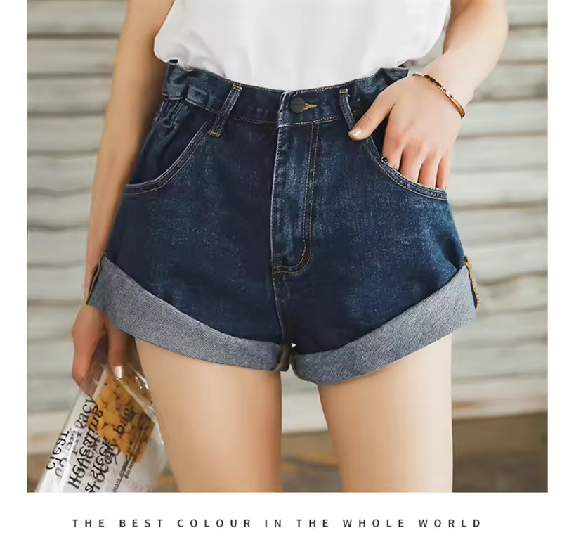 Fashion Lady Denim Shorts Women Short Jeans Wide Leg Elastic Waist High Waist Shorts