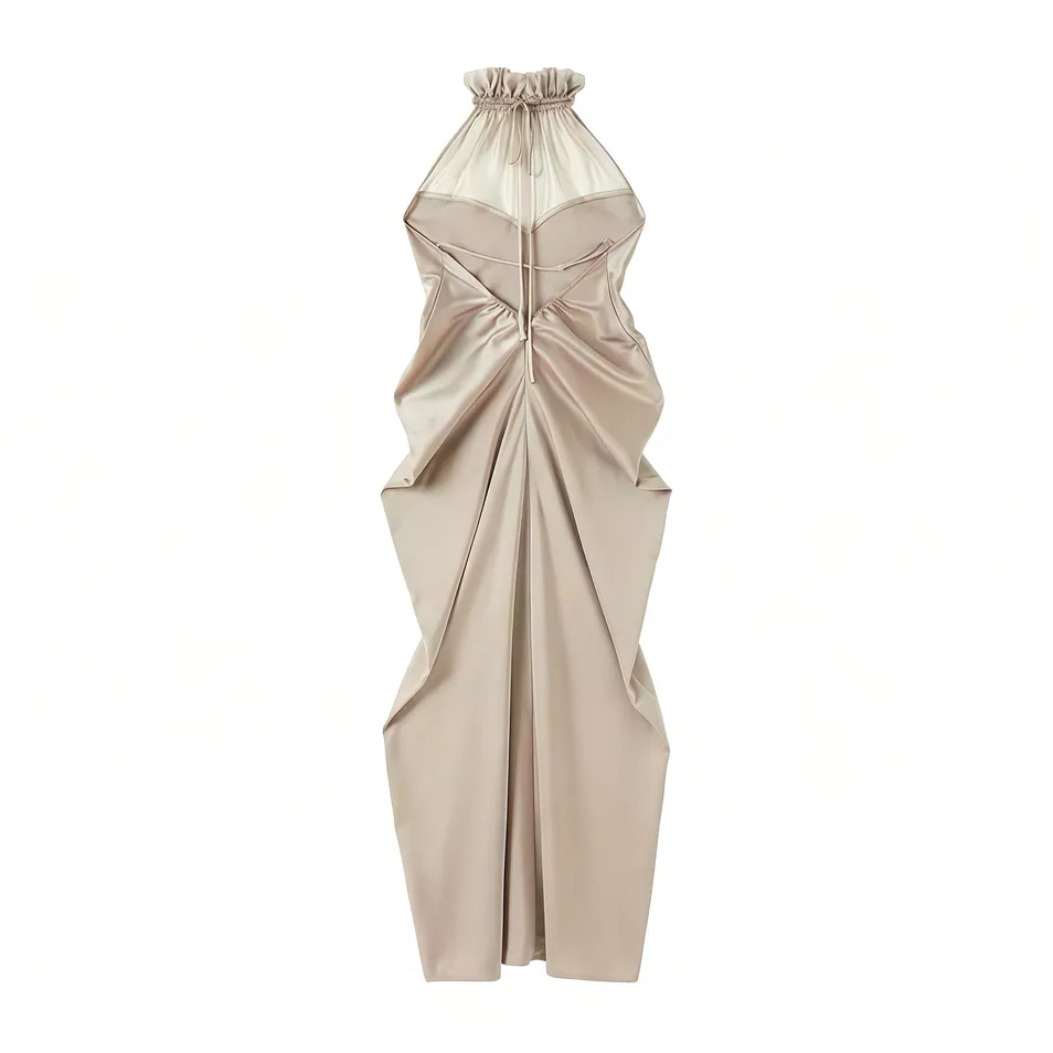 High-Quality Ladies' Sleeveless Silk Dress with Mesh Patchwork, Petal Collar Halter Neck, Slim Fit Elegant Silk MIDI Dress for Party & Evening