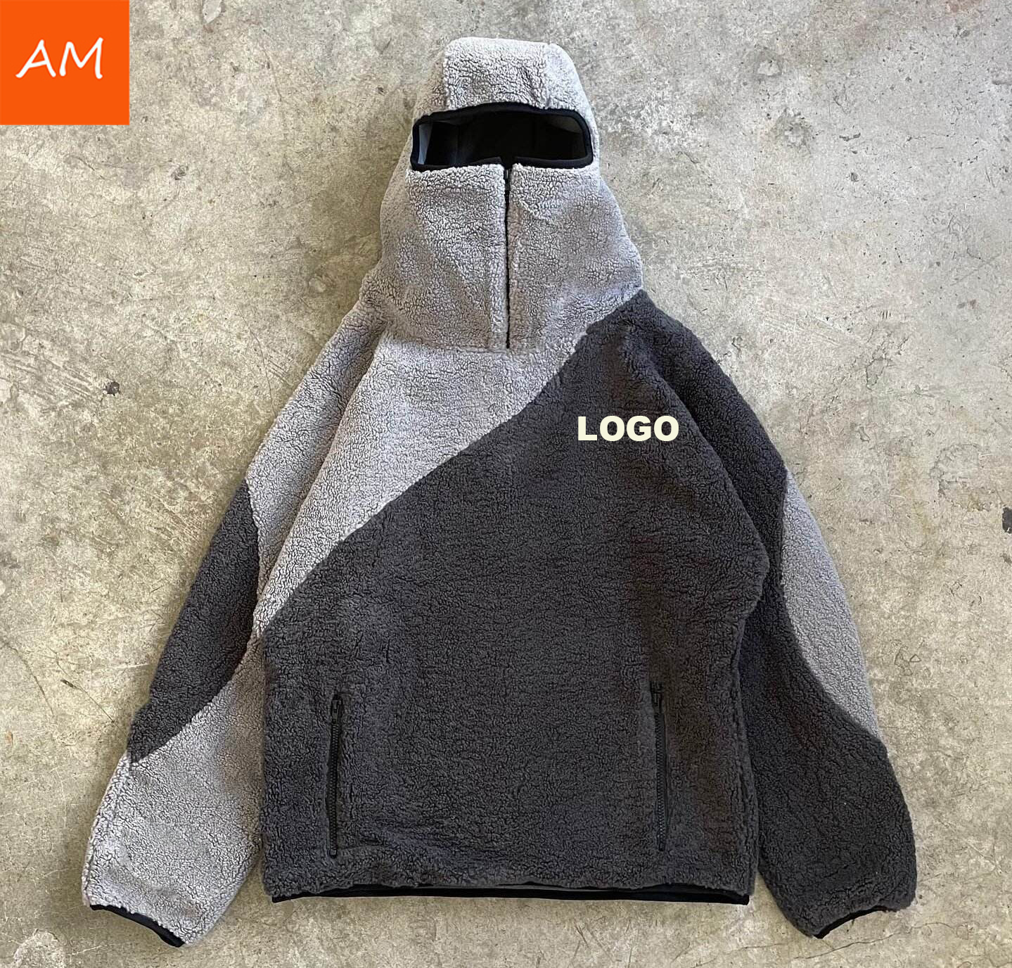 Custom Logo Men Sherpa Fleece Hoodie Pullover Thick Fluffy Colorblock Warm Winter Zip Mask Hoodies