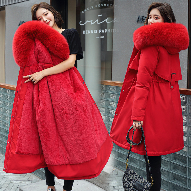PASUXI 2025 Winter New Women's Cotton Clothes in the Long Hair Collar and Velvet Cotton Jacket Down Cotton Jacket Warm Jacket