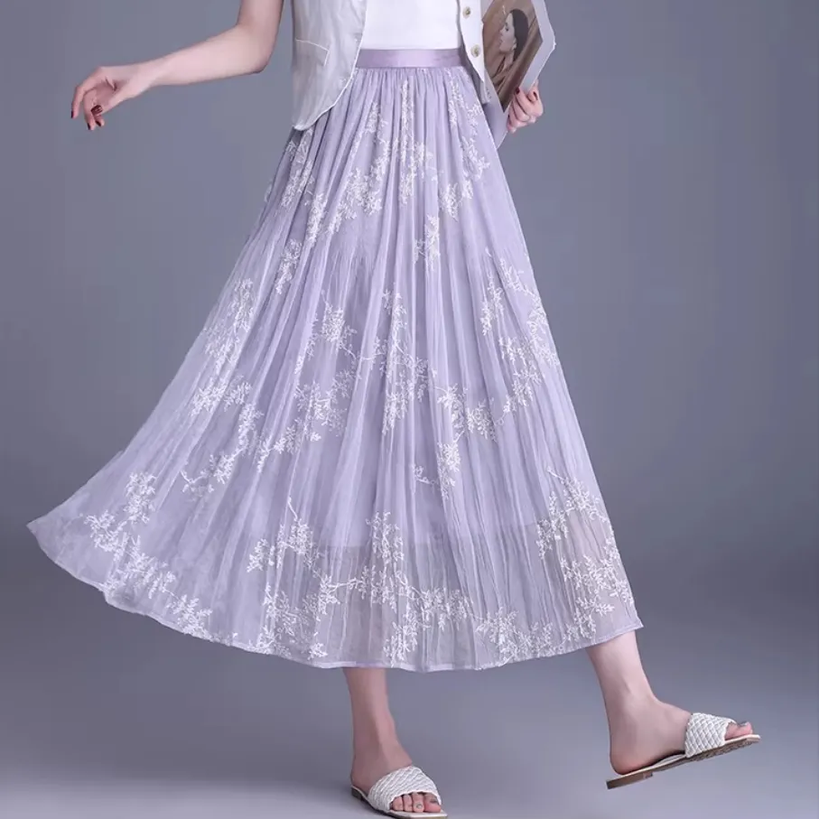 Casual Summer Print Embroidery Pleated Skirt A Line White Women's Half Length Skirt MIDI Skirt