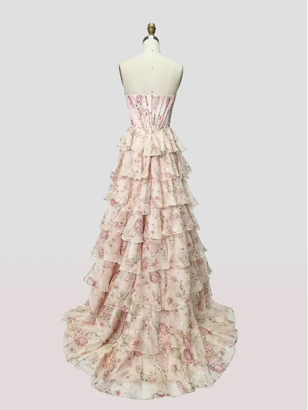 Yellow - Strapless A Line Floral Chiffon Ruffled Prom Dresses with Beading Evening Dress Prom Dress Sexy Dress Vestido De Noche Girl Dress Layered Dress