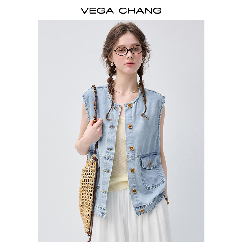 VEGA CHANG Light Blue Denim Vest Waistcoat For Women Button Down Pocket Detail Casual Sleeveless Jean Jacket