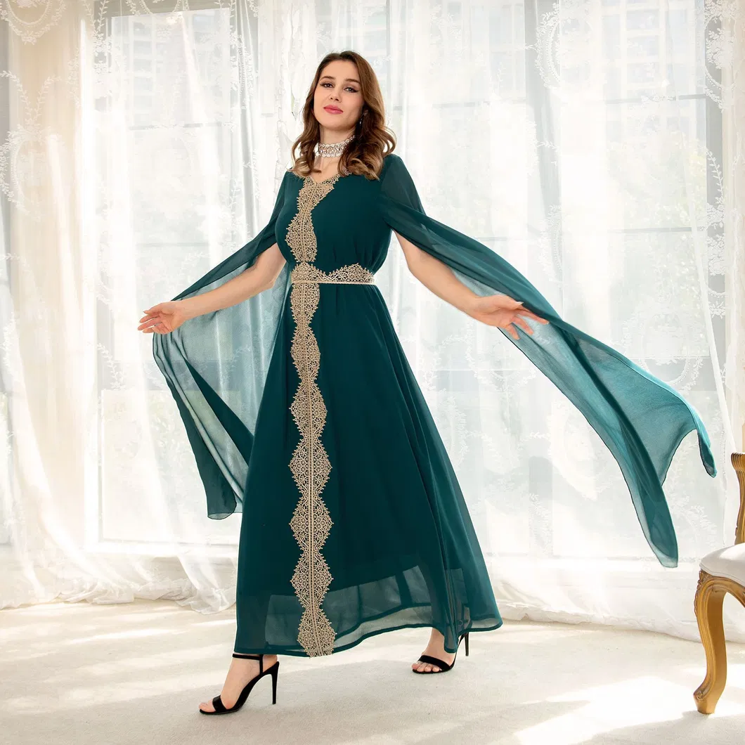Fashion Chiffon Cape Bell Sleeve Lace Trims Ladies Slim Elegant Long Evening Party Dress Details 3