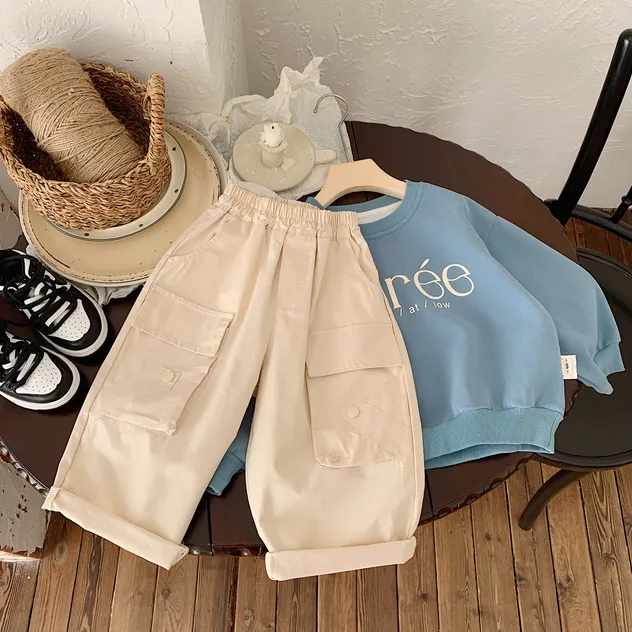 Kids Cotton Cargo Pants Elastic Waist Rolled Hem Detail View 1