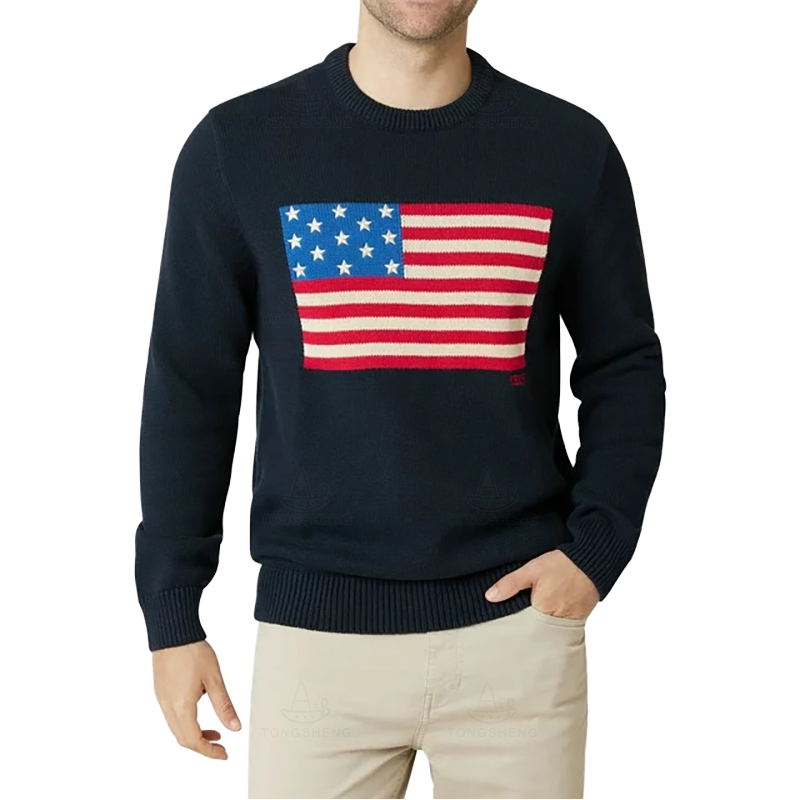 High Quality Custom LOGO America Flag Printing Embroidery Jacquard Pullover Knit Cotton Knitted Jumper Knitwear Men's Sweater