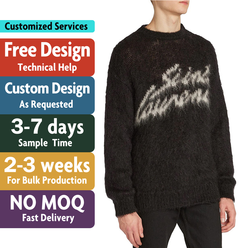 Custom LOGO OEM Men Sweater Pullover Jacquard Pattern Knitted Top Crew Neck Knitwear Winter Casual Jumper Mohair Knit Sweater