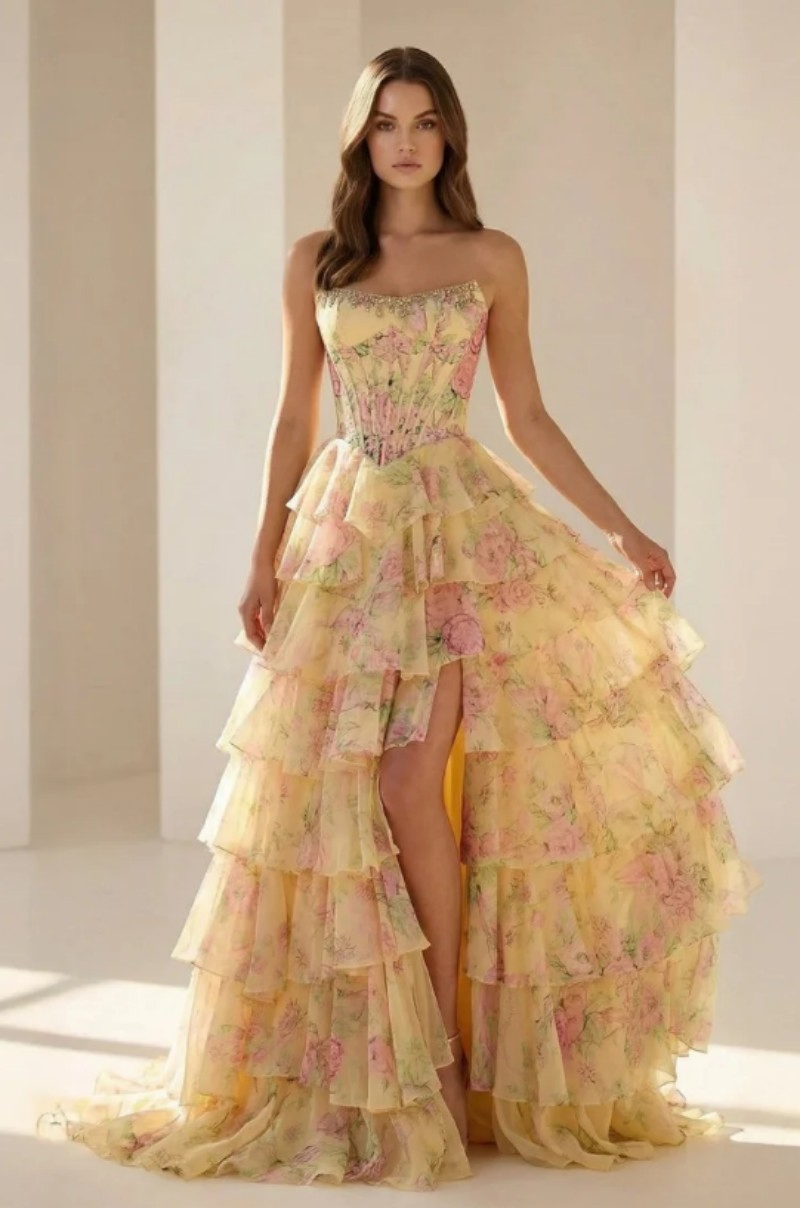 Yellow - Strapless A Line Floral Chiffon Ruffled Prom Dresses with Beading Evening Dress Prom Dress Sexy Dress Vestido De Noche Girl Dress Layered Dress