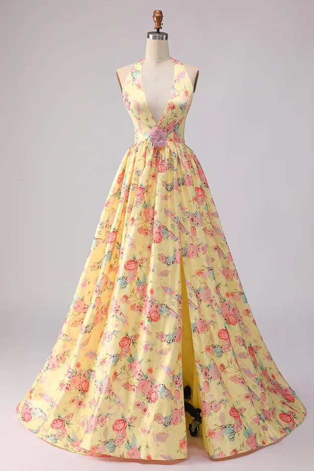 Cicinia Yellow Prom Dresses Long Printed Fabric A-Line Deep V-Neck Halter Backless Evening Dress Prom Dress Sexy Dress Vestido De Noche Girl Dress