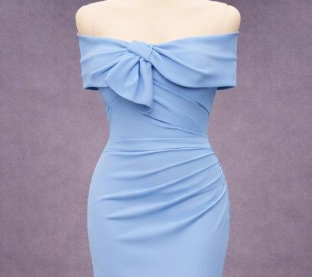 Sky Blue off Shoulder Sweetheart Mermaid Satin Evening Prom Dress with Long Train