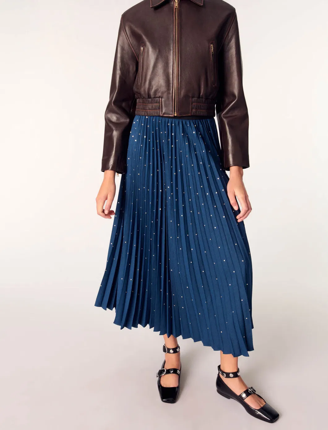 Dark Blue Dotted Pleated Summer Fashion High-Waist A-Line Wholesale Women Skirt