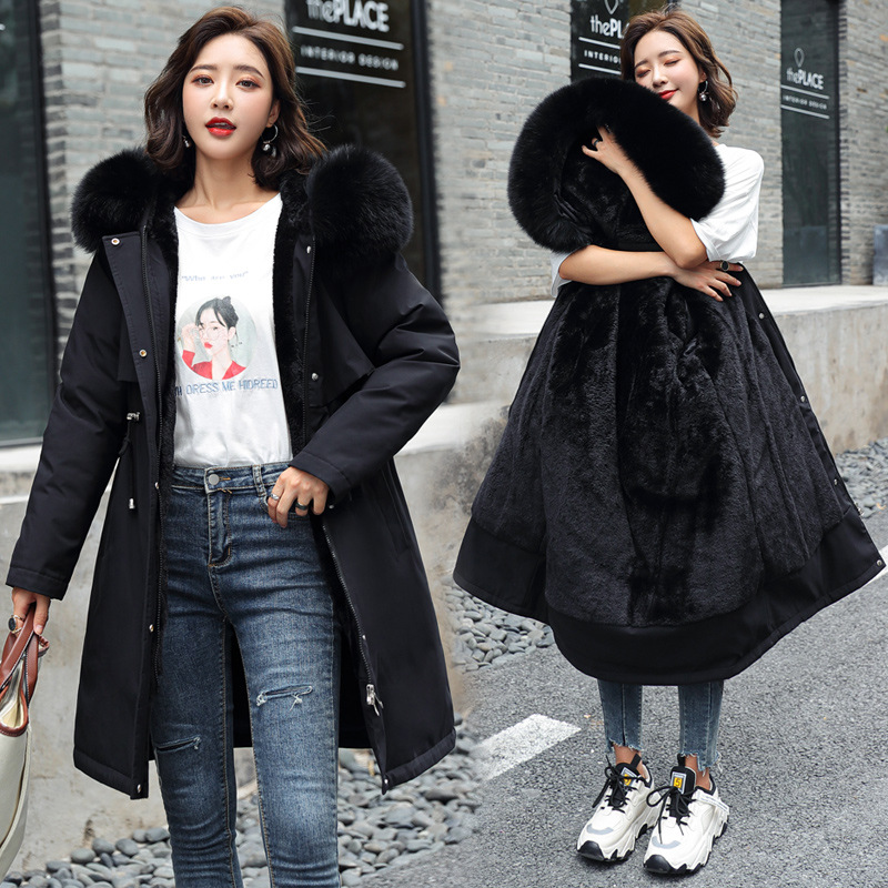 PASUXI 2025 Winter New Women's Cotton Clothes in the Long Hair Collar and Velvet Cotton Jacket Down Cotton Jacket Warm Jacket