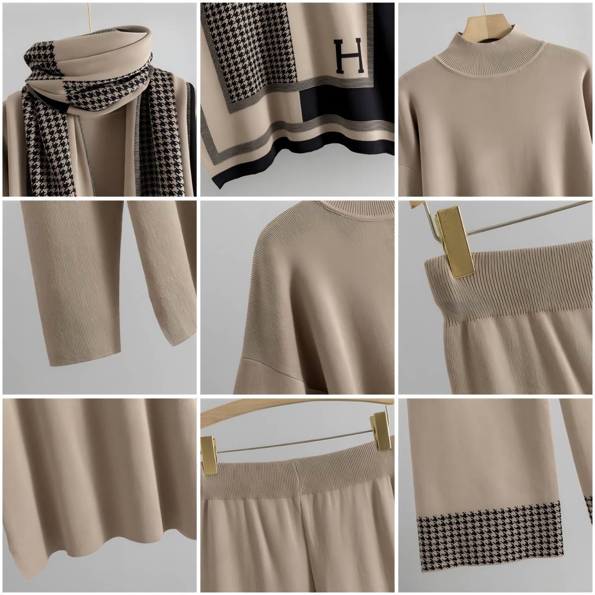 Fashion Elegant Anti-Wrinkle Houndstooth Viscose Patchwork Full-Length Suit Women's Autumn Winter Shawl Turtleneck Sweater Loose