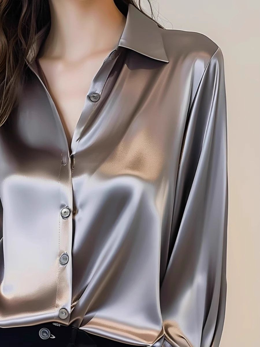 2025 New Arrival Ladies Button-down Shirt in Satin Full Sleeve Shiny Blouse