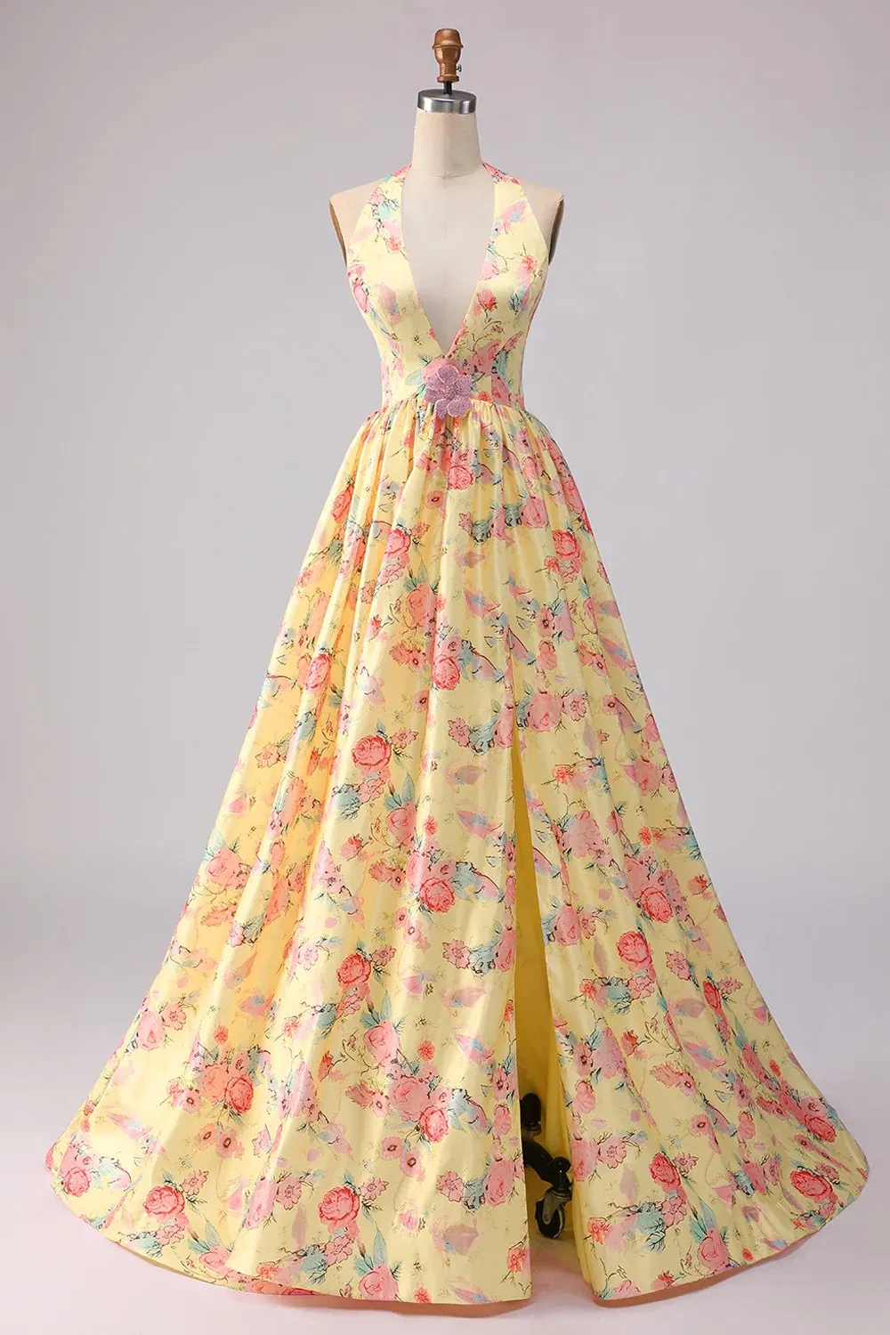 Cicinia Yellow Prom Dresses Long Printed Fabric A-Line Deep V-Neck Halter Backless Evening Dress Prom Dress Sexy Dress Vestido De Noche Girl Dress
