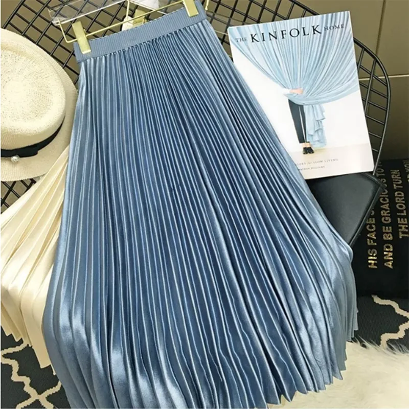 2020 Women's Fashion Metal Silk Organ Pleated High-Waist MID-Length Skirt Detail