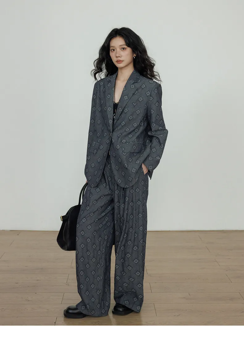 Women Suits Set Blazer Jacket Paired with Loose Long Pants Detail 2