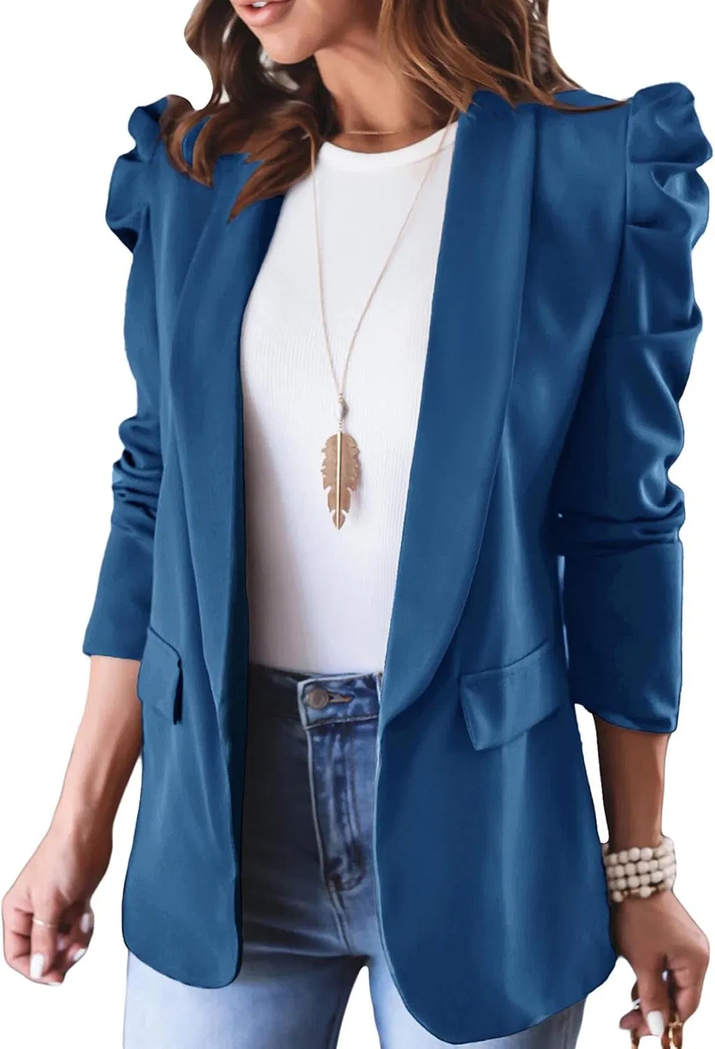 Women's Puff Sleeve Blazer Spring Fall Business Casual Open Front