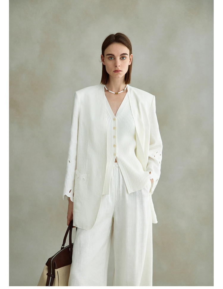New Arrival Women Suits Coat with Match Skirt Pants Customized Linen Blend Laser Embroidery Design Casual Straight Fit Blazer for Woman Summer Wear