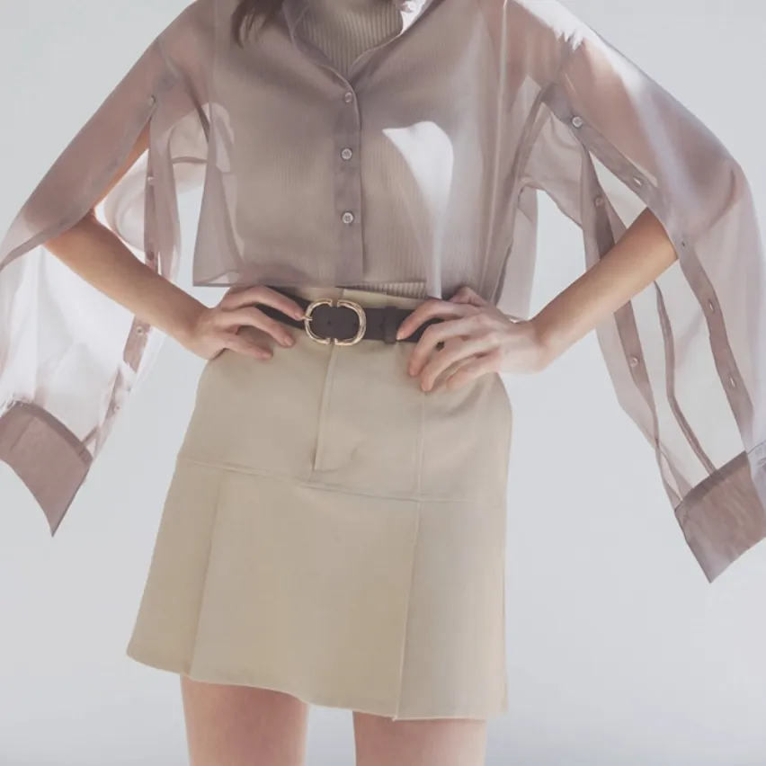 Spring Summer Solid High-Waist Belted Pleated A-Line Skirt