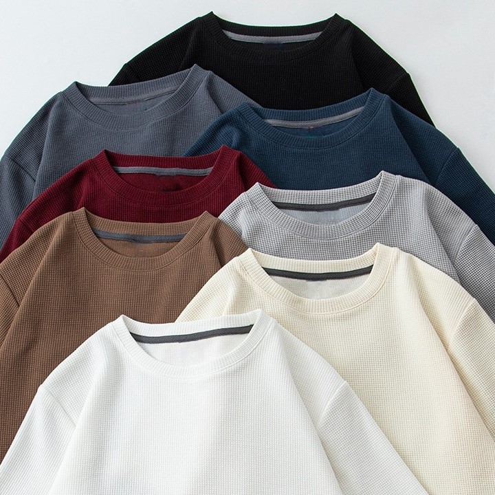 Men's Waffle Knit Short Sleeve T Shirt Crew Neck Loose Fit T Shirt Japanese Style T Shirt
