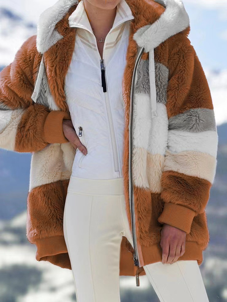 2026 Winter Clothes for Women Warm Plush Patchwork Zip Pocket Women's Coats Hooded Plus Size Women's Coats