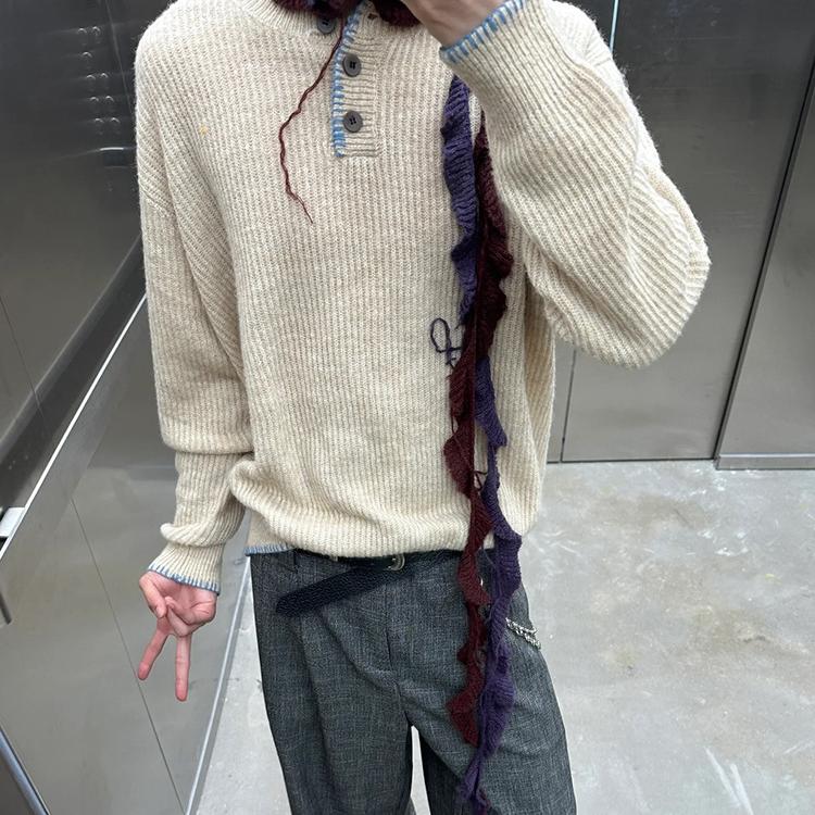 Custom Men's Casual Warm Knitted Wool Blend Pullover Sweaters Loose Button Henley Collar Long Sleeve Sweaters