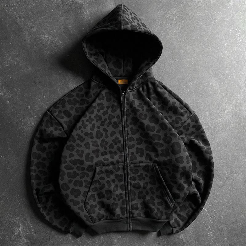 2026 Streetwear Oversized Hoodie 800gsm Leopard Print Cropped Graphic Zip up Hoodie