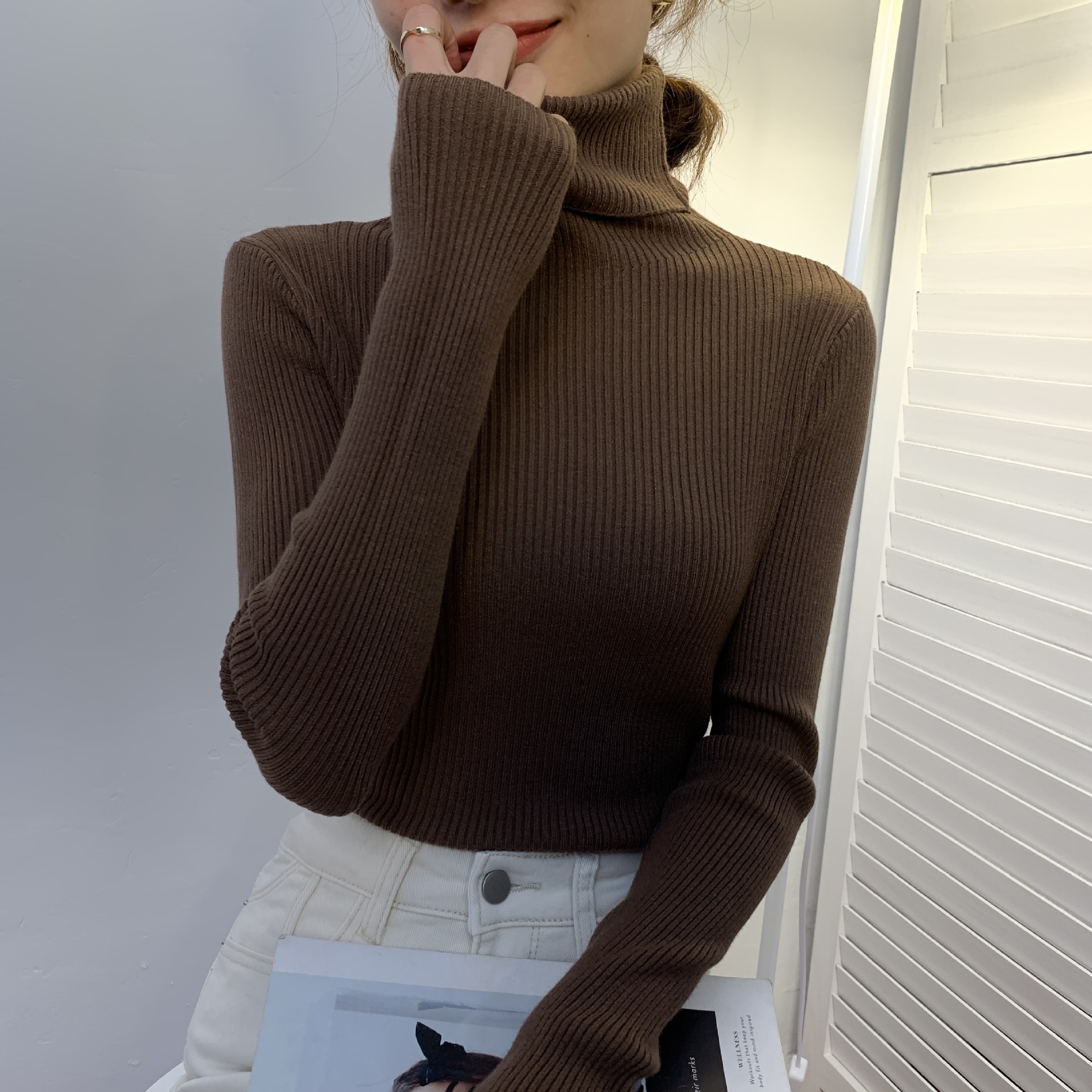 PASUXI Women Autumn Long Sleeve Slim Sweater Top Elastic Pullover Primer Shirt Solid Causal Turtleneck Knitted Women Sweater