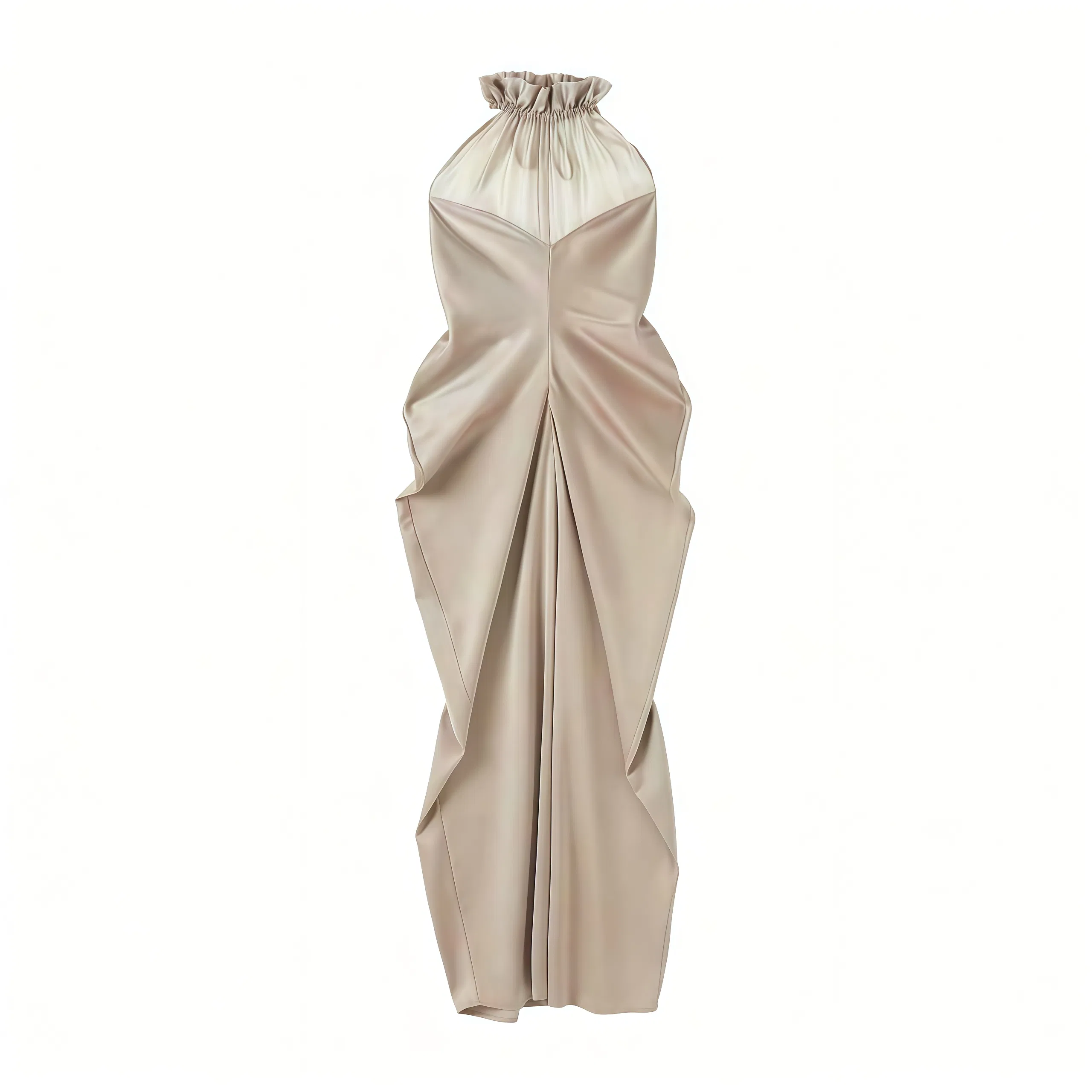 High-Quality Ladies' Sleeveless Silk Dress with Mesh Patchwork, Petal Collar Halter Neck, Slim Fit Elegant Silk MIDI Dress for Party &amp; Evening