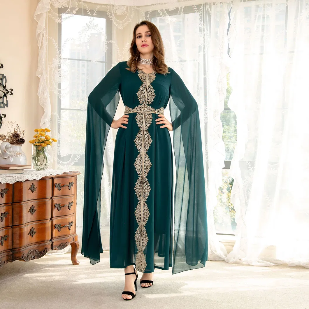 Fashion Chiffon Cape Bell Sleeve Lace Trims Ladies Slim Elegant Long Evening Party Dress Details 2