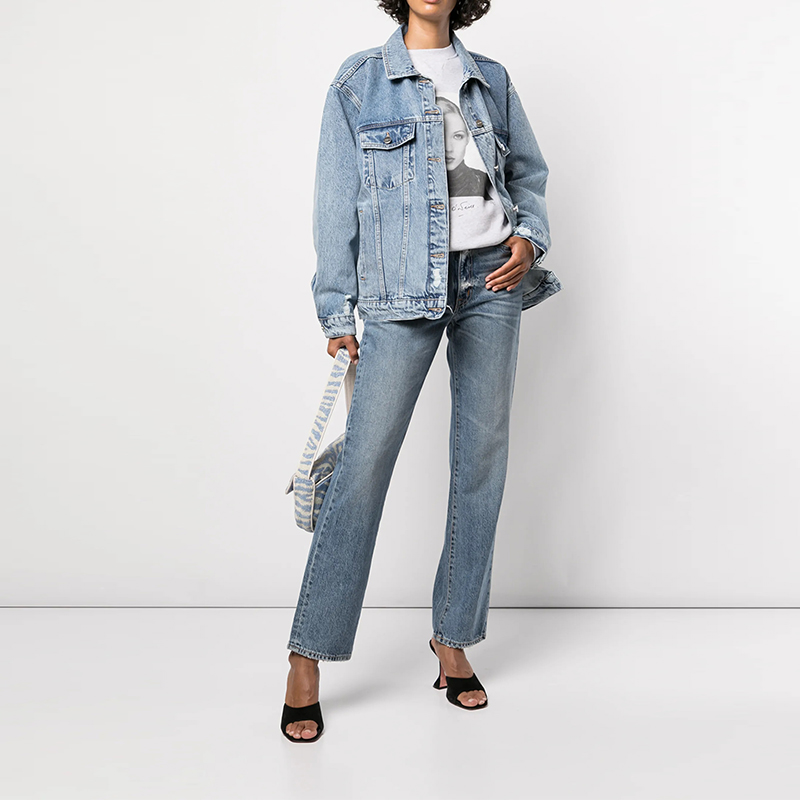 Customized Light Blue Oversize Heavy Wash Destroyed Women's Denim Trucker Jacket Button Long Sleeves Streetwear Autumn Winter