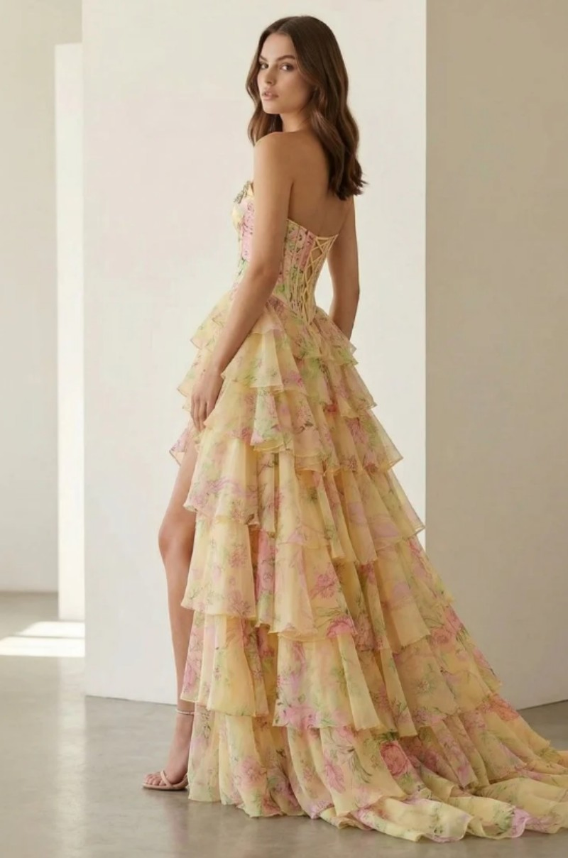 Yellow - Strapless A Line Floral Chiffon Ruffled Prom Dresses with Beading Evening Dress Prom Dress Sexy Dress Vestido De Noche Girl Dress Layered Dress