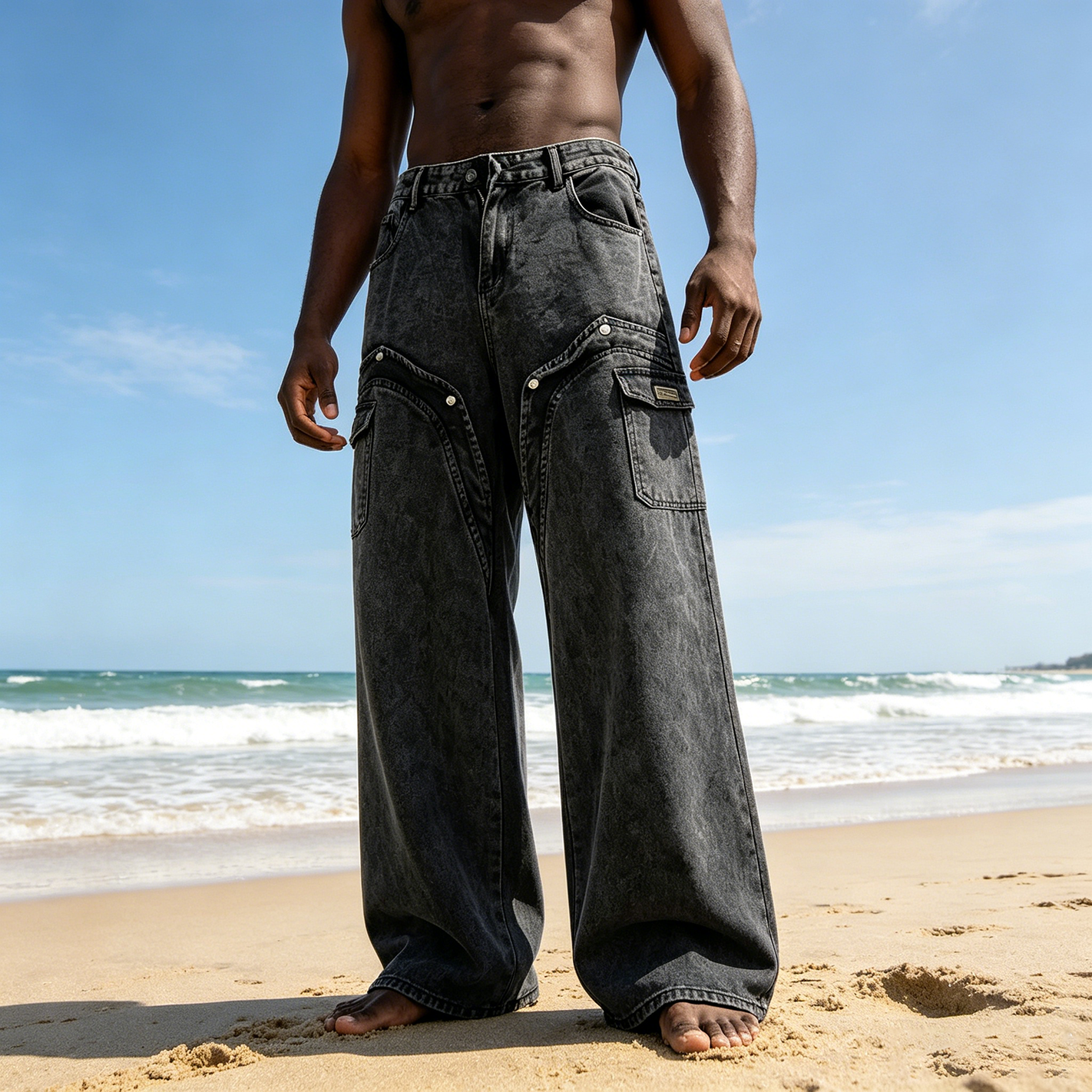 Black Vintage Washed Cargo Jeans With Large Side Pockets And Wide Leg Cut Streetwear Denim Trousers For Men Bulk Supply