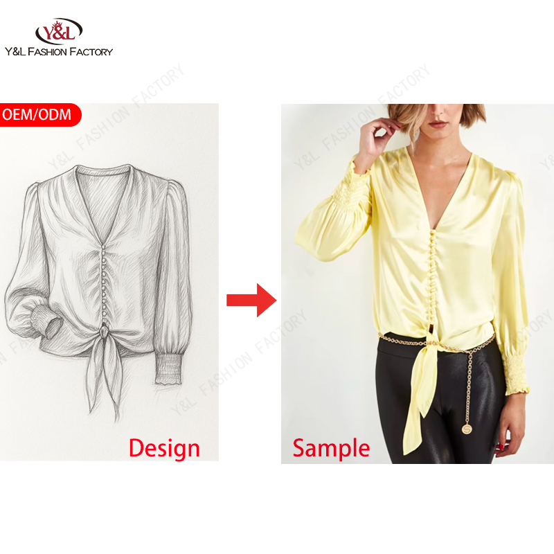 OEM ODM High Quality Solid Silk Woven Fabric Business Elegant Office Women's Shirt Anti-Wrinkle Breathable RUCHED SLEEVE Blouses