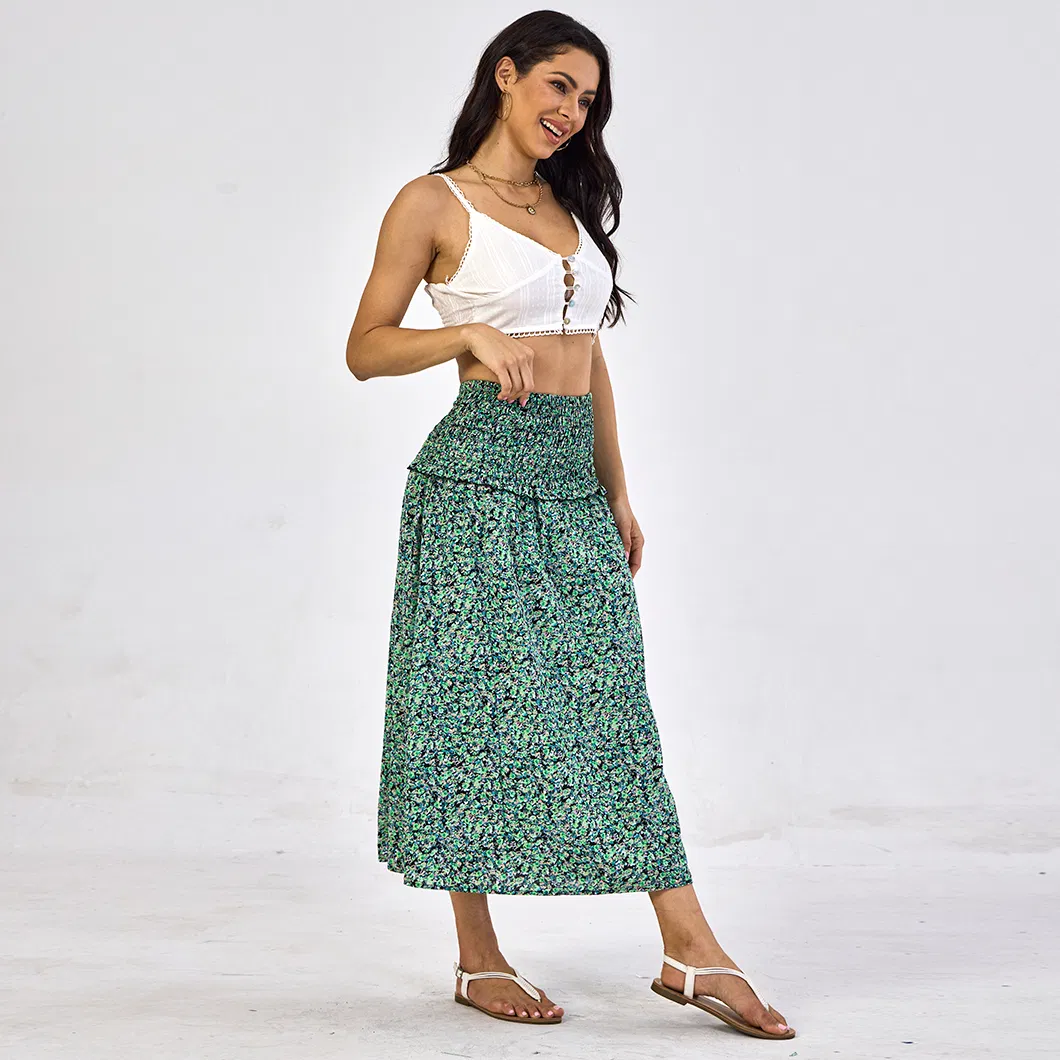 Wholesale European Style Pleated High Waist Casual Fashion Pattern Printing Women Long Skirt