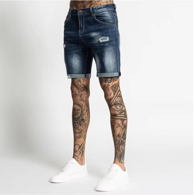 Custom Cotton Summer Skinny Damage Stretch Waistband Hole Straight-Leg Men Denim Shorts