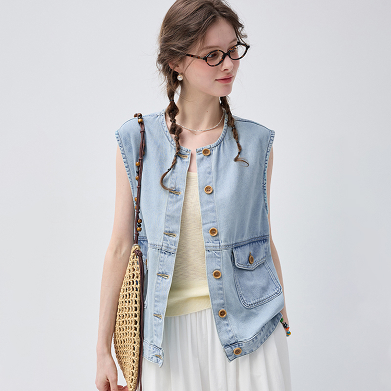 VEGA CHANG Light Blue Denim Vest Waistcoat For Women Button Down Pocket Detail Casual Sleeveless Jean Jacket