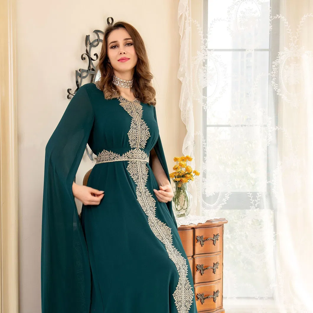 Fashion Chiffon Cape Bell Sleeve Lace Trims Ladies Slim Elegant Long Evening Party Dress Details 4