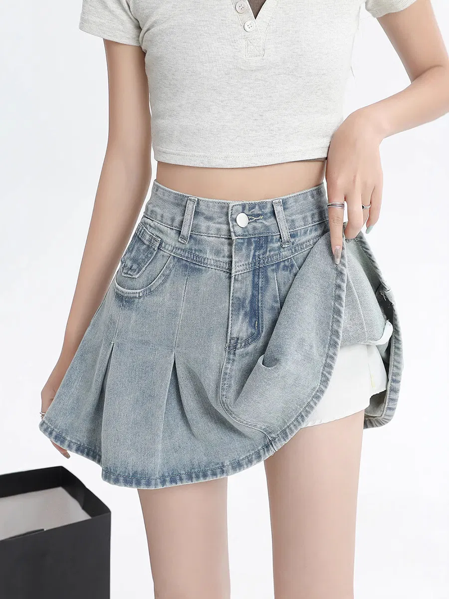 Women High-Waist Pleated Denim Skort Shorts Lining