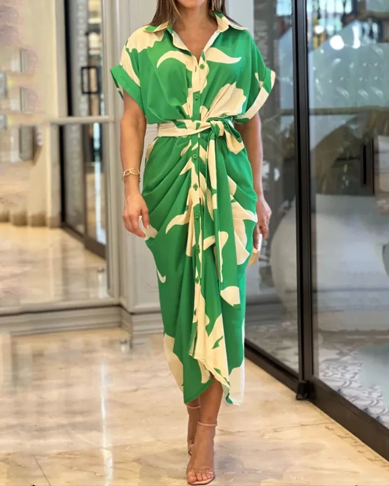 Casual Printed Short Sleeve Women Clothes Evening Dress Lady Apparel Cardigan Fashion Dress