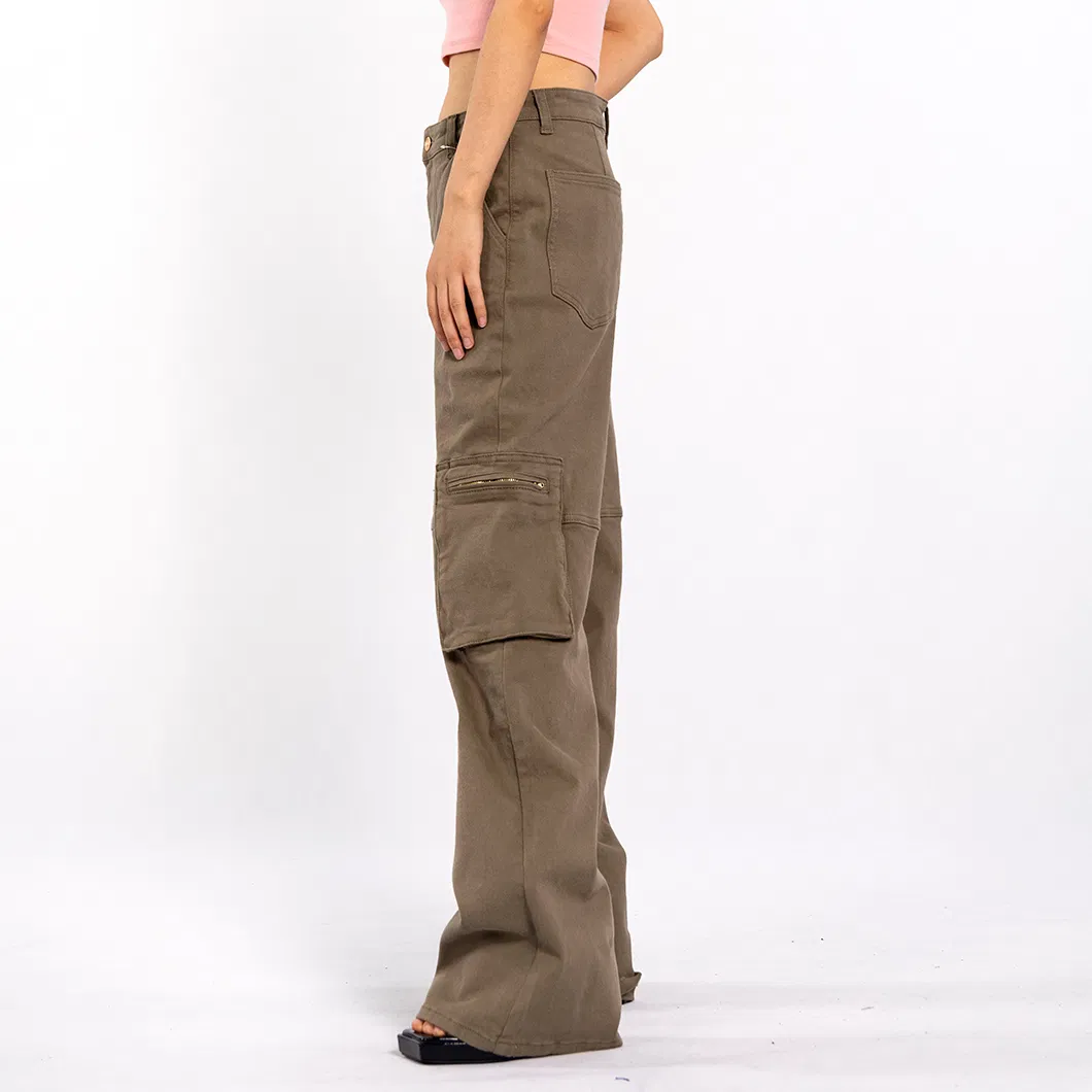 Custom Vintage Aged Large Pockets Loose Long Straight Cargo Pants Women