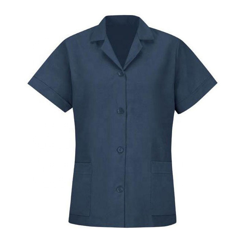 Women's Custom Logo Notched Lapel Smock Loose Fit Short Sleeve Shirt Ladies Button up Work Blouse