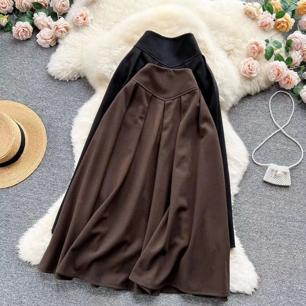 Korean Style New High Waist Vintage Pleated A-Line Long Skirts for Women