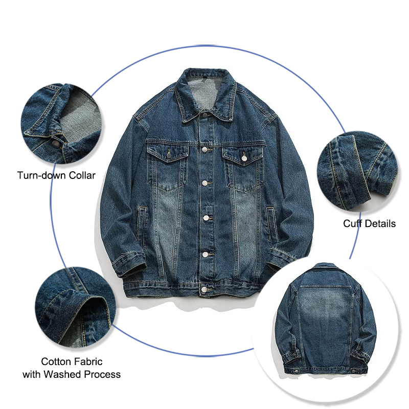 Custom Logo Unisex Jean Jackets With Single Breasted Closure And Lapel Collar Classic Washed Blue Denim Jacket